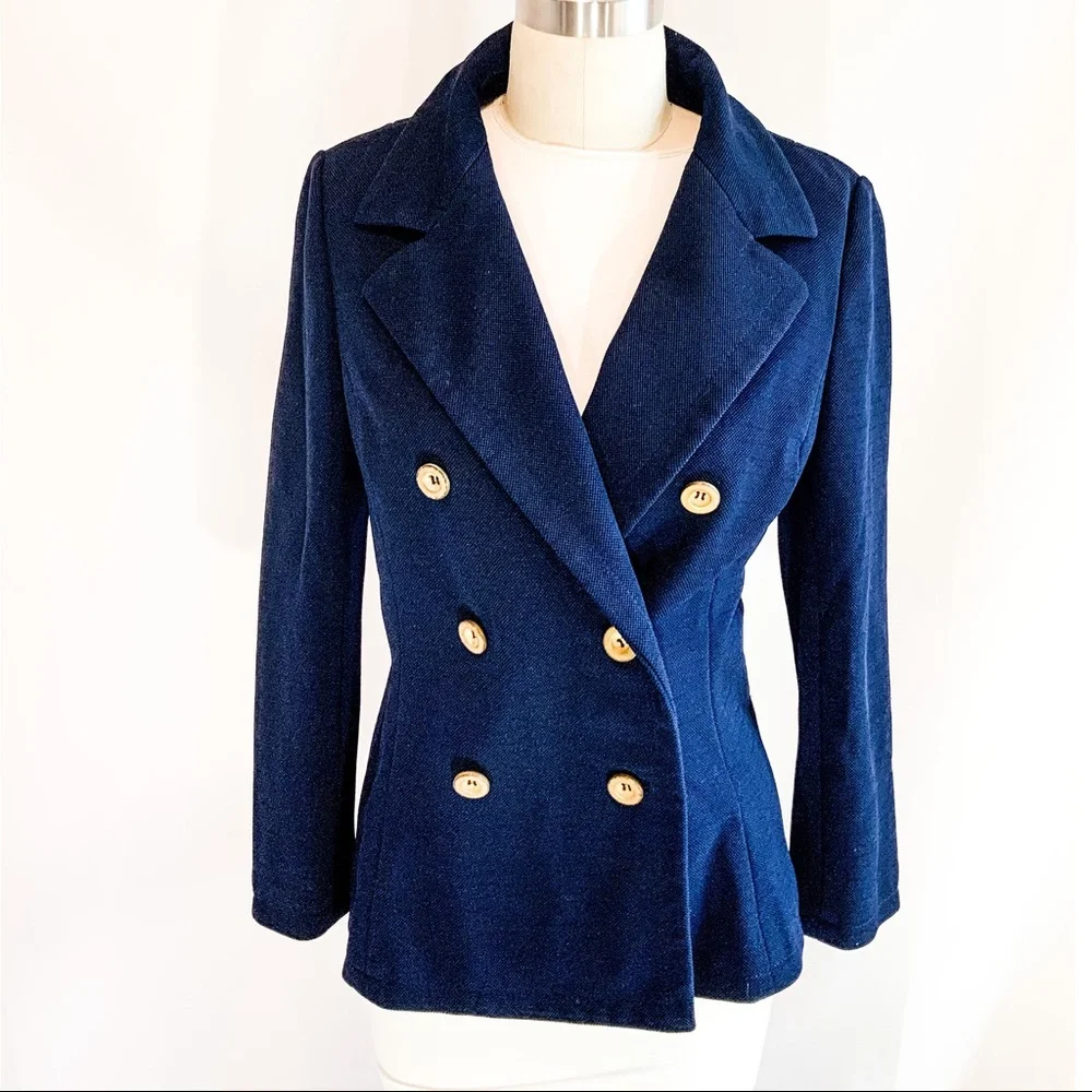 Neiman Marcus vintage 1970s double breasted navy blue blazer - Picture 2 of 7